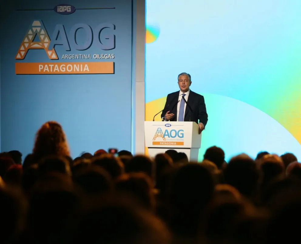 Rolando Figueroa habla en el atril durante la apertura de AOG Patagonia 2026 en Neuquén